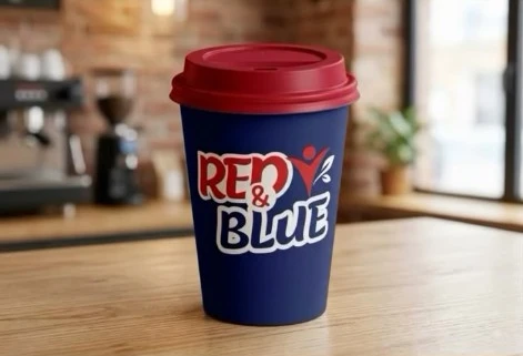 Navy RED AND BLUE paper cup with a red lid