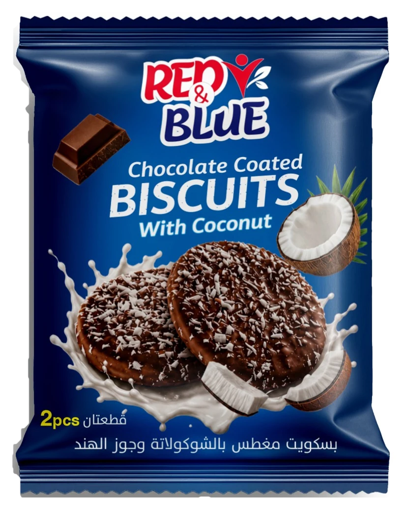 RED AND BLUE Chocolate Coated Biscuits With Coconut, 2 pcs pack